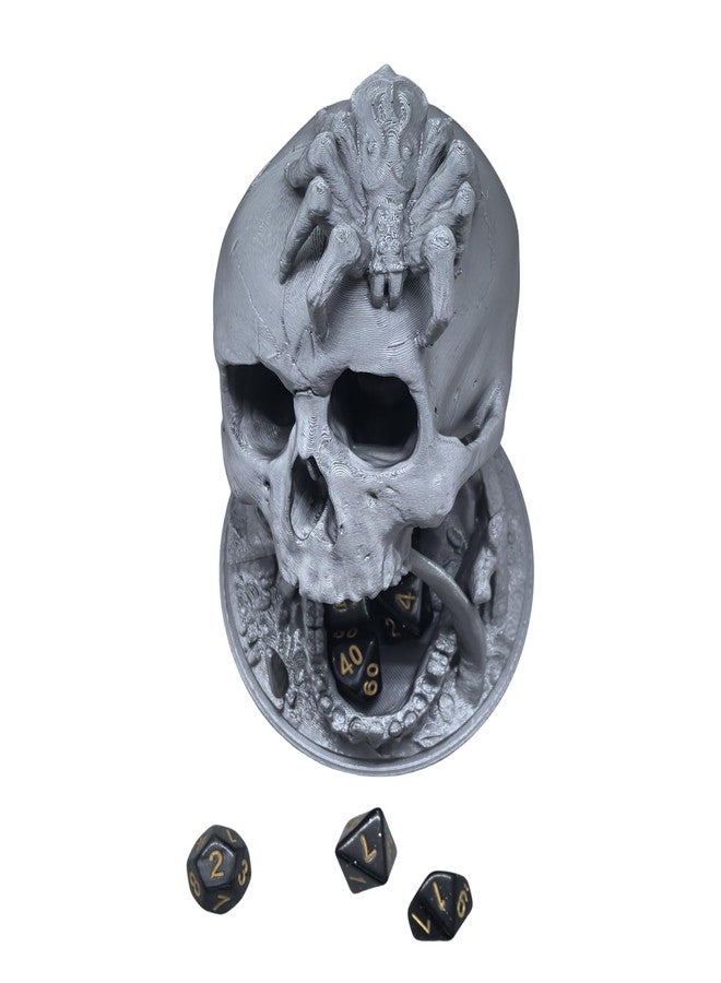 XJPONGC Skull Dice Tower Dungeons and Dragons RPG abletop Roleplaying Game Jail D&D (Random 7PCS D20 Dice Set Included) Silver - Image 3